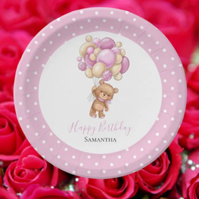 Prato De Papel Aniversário da Teddy Bear Girl Balões Pontos Rosa (Celebrate our little teddy's special day with love and joy! )