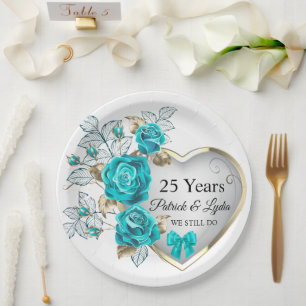 Prato De Papel Aniversário da Turquesa Floral 25 - AINDA O FAÇO