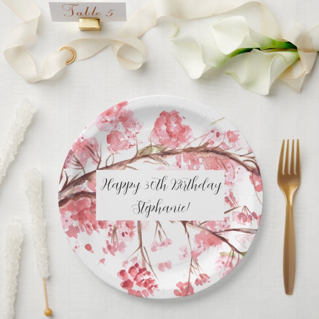 Prato De Papel Aniversário da Turquesa Rosa Sakura (Casamento)