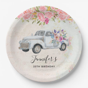 Prato De Papel Aniversário da Vintage Pickup Truck Rustic Waterc