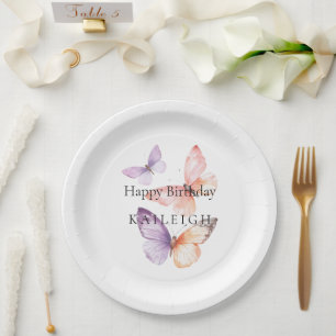 Prato De Papel Aniversário das Borboletas de Lavanda Pêssego