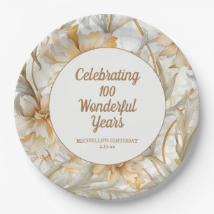 Prato De Papel Aniversário de 100 anos Floral Dourado
