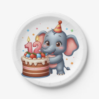Prato De Papel Aniversário de 12 anos de Elefante Fofo