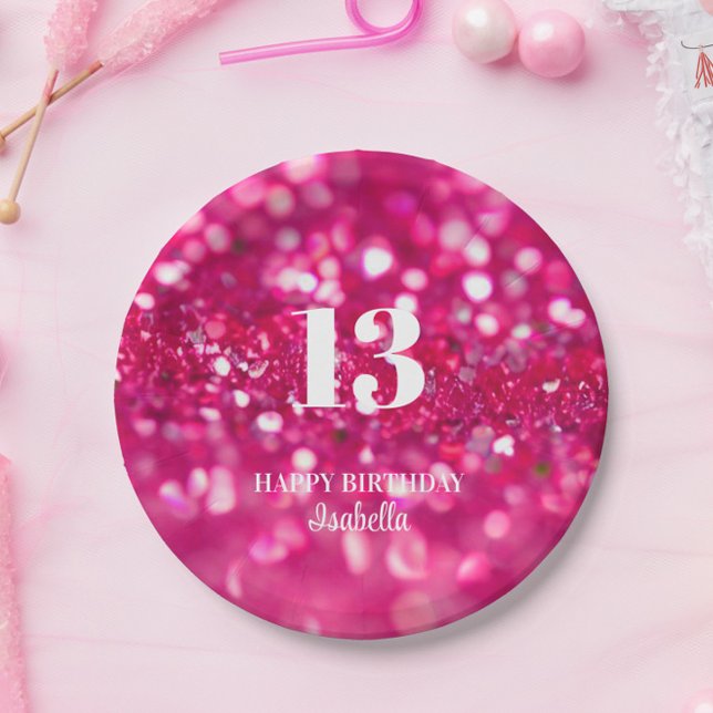 Prato De Papel Aniversário de 13 de Glitter Rosa Quente (Hot Pink Glitter 13th Birthday Party Paper Plates, Party Table Decorations)