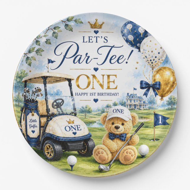 Prato De Papel Aniversário de 1 ano de golfe com carrinho de golf (Frente)