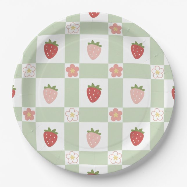 Prato De Papel Aniversário de 1 ano Gingham Verde Pastel Morango  (Frente)