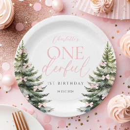 Prato De Papel Aniversário de 1 ano Onederland Winter Pink Bow