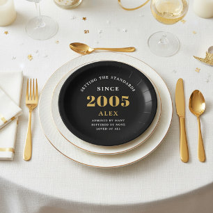 Prato De Papel Aniversário de 21 anos Nome 2005 Preto Dourado Ele