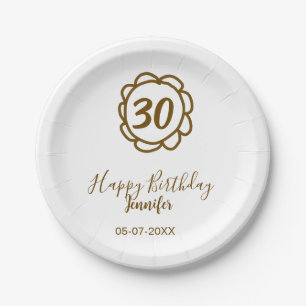 Prato De Papel aniversário de 30 anos adiciona nome data ano ouro