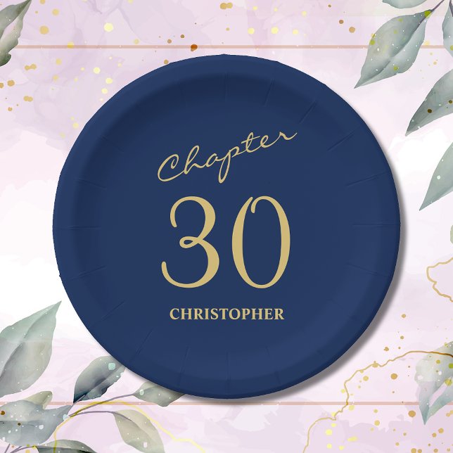 Prato De Papel aniversário de 30 anos Blue Dourado Capítulo 30 (Make your loved one's 30th birthday celebration memorable with our stunning Blue Gold paper plates)