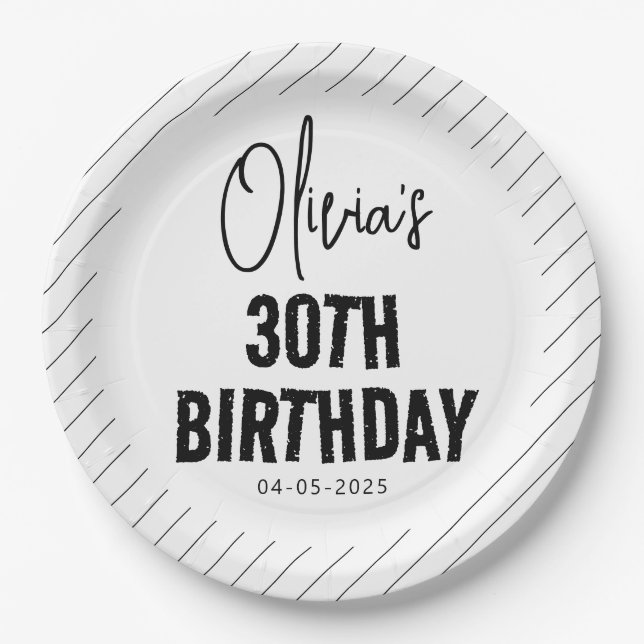 Prato De Papel Aniversário de 30 anos de Script Preto Moderno & M (Frente)