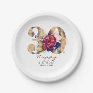 Prato De Papel Aniversário de 30 anos de Tipografia Floral Vermel