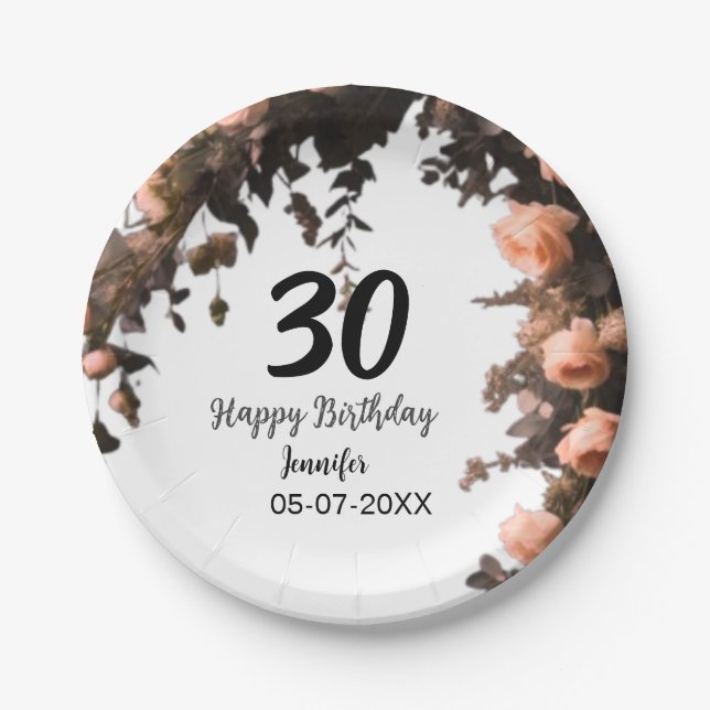 Prato De Papel Aniversário de 30 anos moderna de flor da rosa ros (Frente)