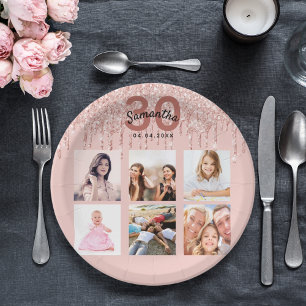 Prato De Papel aniversário de 30 anos personalizado rosa de foto