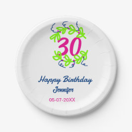 Prato De Papel aniversário de 30 anos verde azul wreath name date