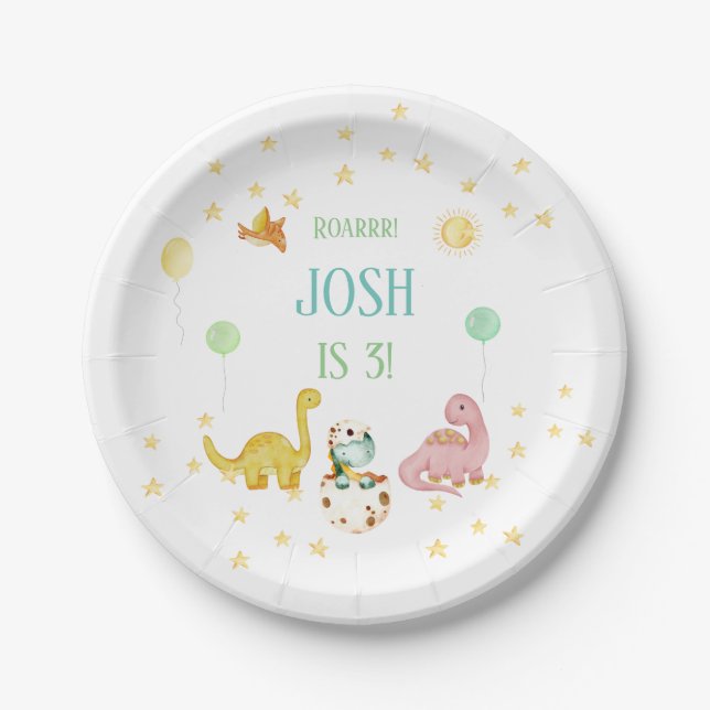 Prato De Papel Aniversário de 3 anos de Dinossauros (Frente)