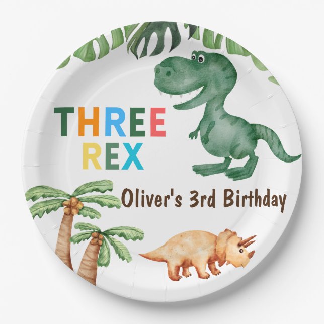 Prato De Papel Aniversário de 3 anos de três rex (Frente)