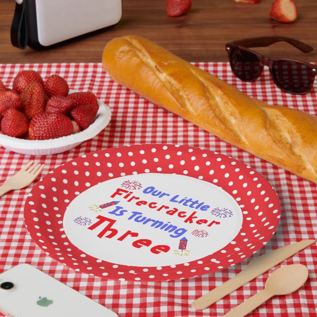 Prato De Papel Aniversário de 3 anos do Firecracker (Piquenique)