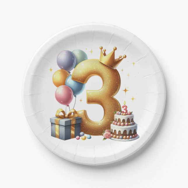 Prato De Papel Aniversário de 3 anos dourado (Frente)