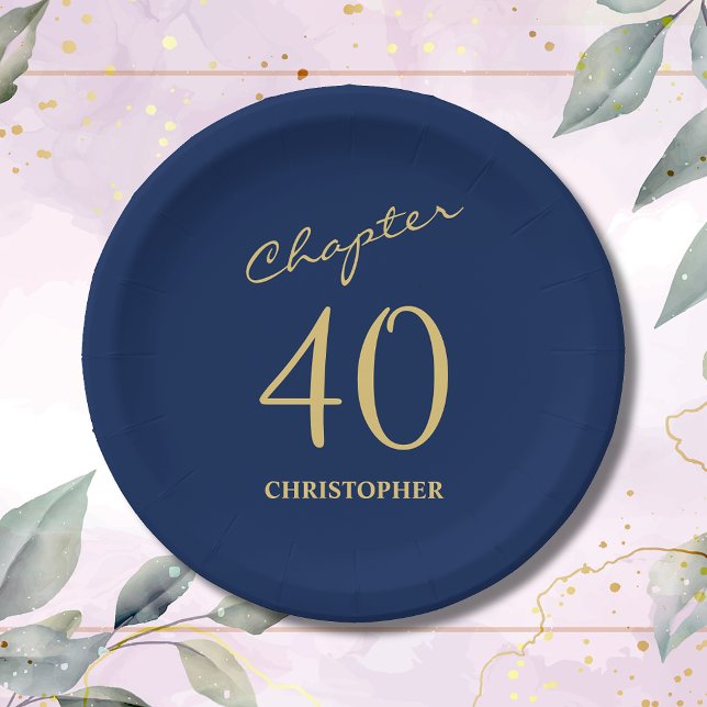 Prato De Papel aniversário de 40 anos Azul Dourado Capítulo 40 (Make your loved one's 40th birthday celebration memorable with our stunning Blue Gold paper plates)