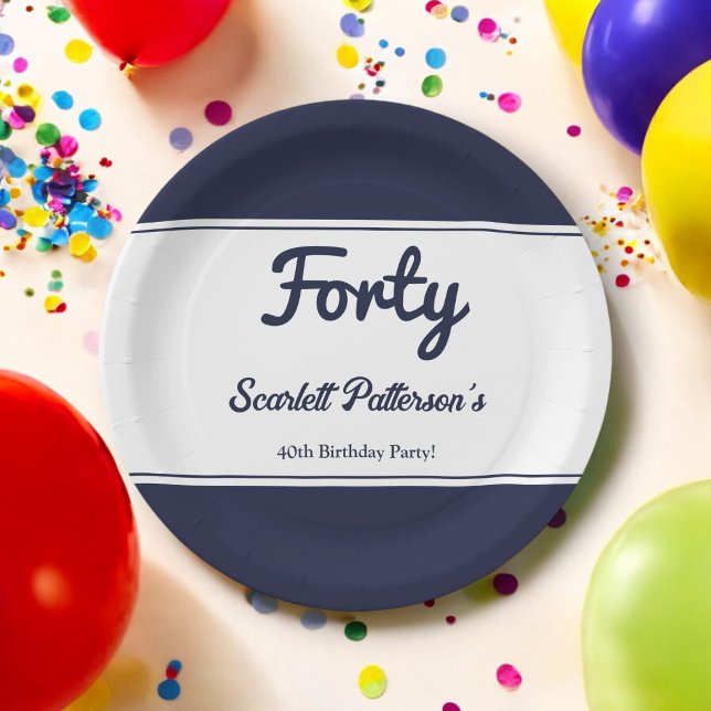 Prato De Papel Aniversário de 40 anos branco-branco Marinho chic  (Criador carregado)
