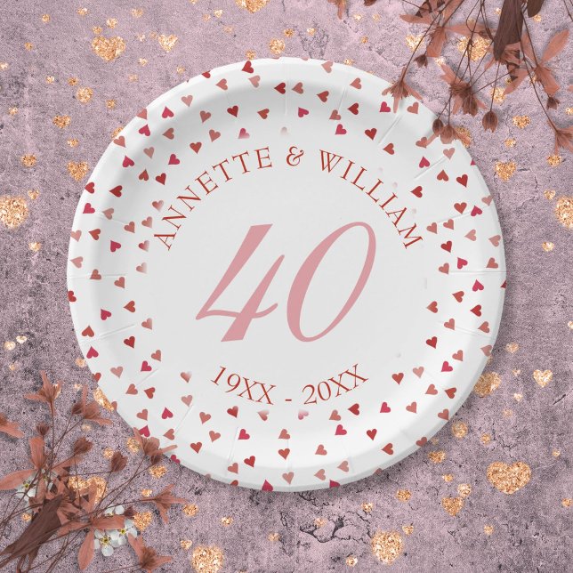 Prato De Papel Aniversário de 40 anos de Casamento Corações de Ru (40th Wedding Anniversary Ruby Hearts Confetti Paper Plates)