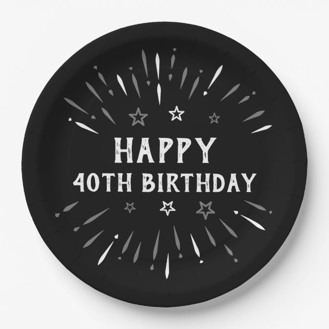 Prato De Papel Aniversário de 40 anos Fireworks Black White Cinza (Frente)