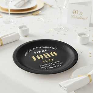 Prato De Papel Aniversário de 40 anos Nome 1986 Preto Dourado Ele
