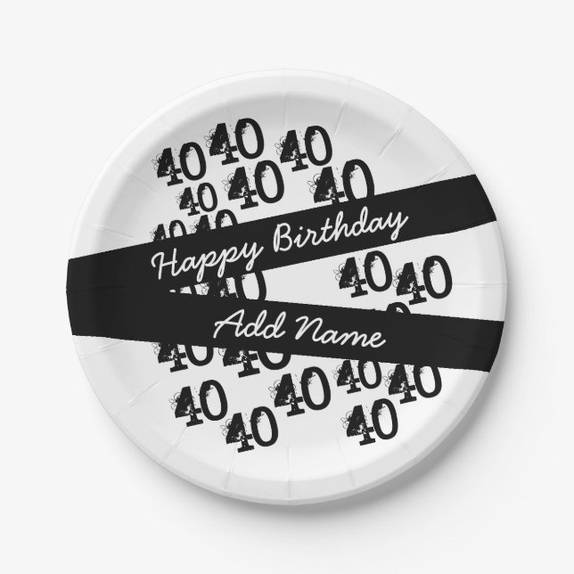 Prato De Papel aniversário de 40 anos Personalizado Branco Preto- (Frente)