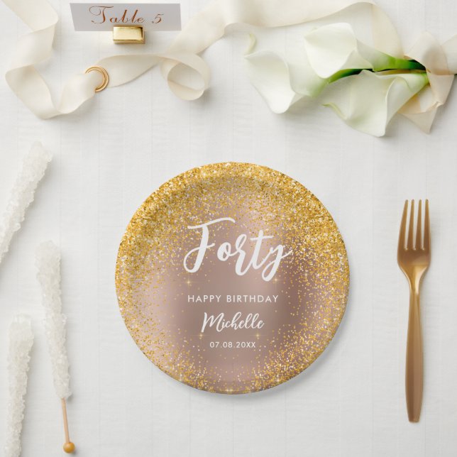 Prato De Papel aniversário de 40 anos Rosa Dourado Glitter Sparkl (Casamento)