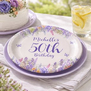 Prato De Papel Aniversário de 50 anos com Flor de Lavanda Roxa