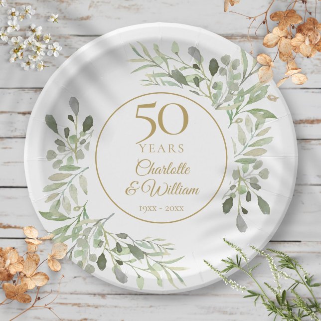 Prato De Papel Aniversário de 50 anos de Casamento Aquarela Folha (50th Wedding Anniversary Watercolor Greenery Paper Plates)