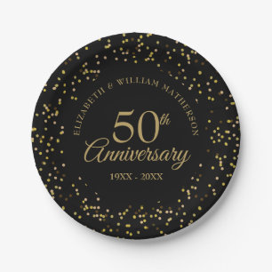 Prato De Papel Aniversário de 50 anos de casamento preto com conf