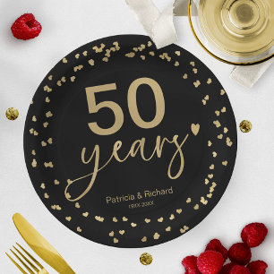 Prato De Papel Aniversário de 50 Anos de Casamento Preto e Dourad