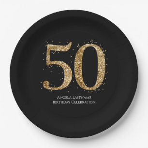 Prato De Papel Aniversário de 50 anos Elegante Brilho Dourado