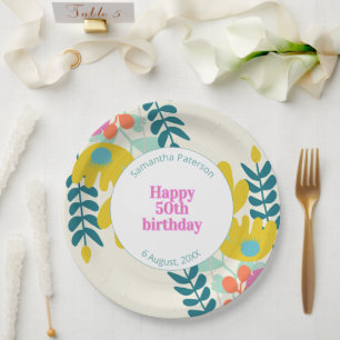 Prato De Papel aniversário de 50 anos floral moderno colorido bon