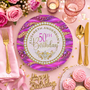 Prato De Papel Aniversário de 50 anos Glam Pink Gold Jeweled Stra