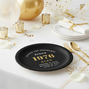Prato De Papel Aniversário de 50 anos Nome 1976 Preto Dourado Ele