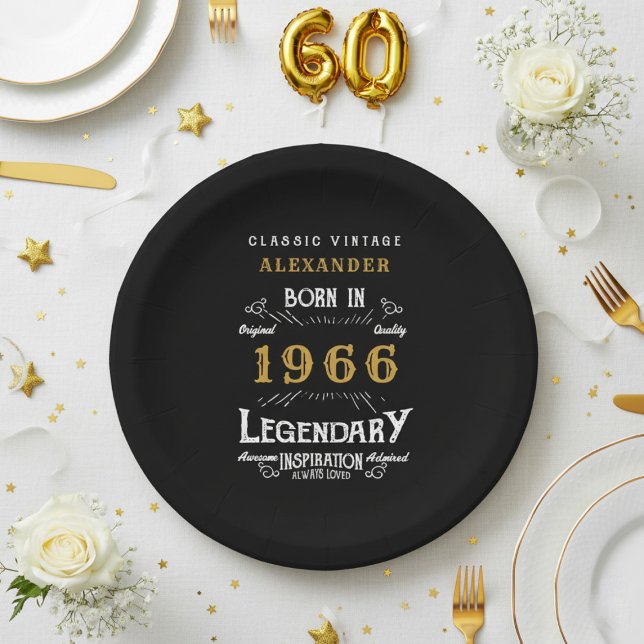 Prato De Papel Aniversário de 60 anos 1966 Lendário Retro (1966 black paper plate on a white and gold background.)
