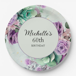 Prato De Papel Aniversário de 60 anos Floral Roxo Elegante Verde
