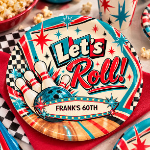Prato De Papel Aniversário de 60 anos Retro Vintage Boliche Vamos