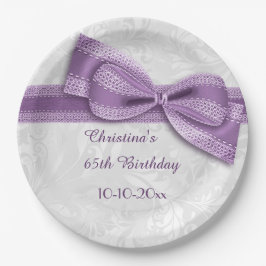 Prato De Papel Aniversário de 65 anos Damask Roxo e Laço Falso
