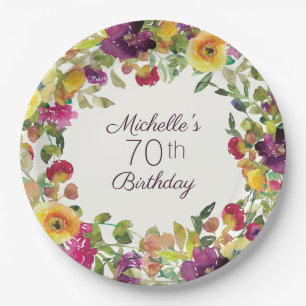 Prato De Papel Aniversário de 70 anos em Floral de Aquarela Amare