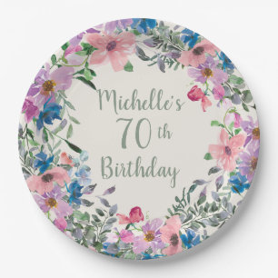 Prato De Papel Aniversário de 70 anos Floral em Aquarela Rosa Rox