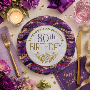 Prato De Papel Aniversário de 80 anos com Estratos de Joias Roxas