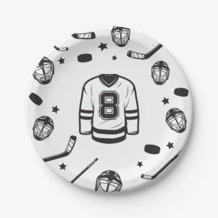 Prato De Papel Aniversário de 8 anos de Hockey preto e Branco