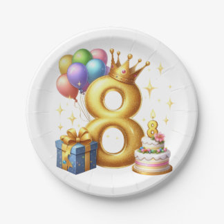 Prato De Papel Aniversário de 8 anos dourado