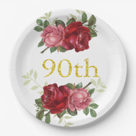 Prato De Papel Aniversário de 90 anos, Elegante, Rosas Vermelhas 