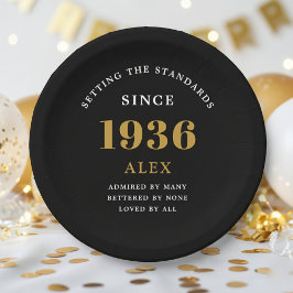 Prato De Papel Aniversário de 90 anos Nome 1936 Preto Dourado Ele