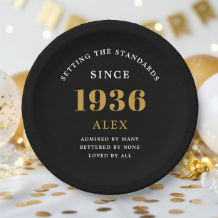 Prato De Papel Aniversário de 90 anos Nome 1936 Preto Dourado Ele
